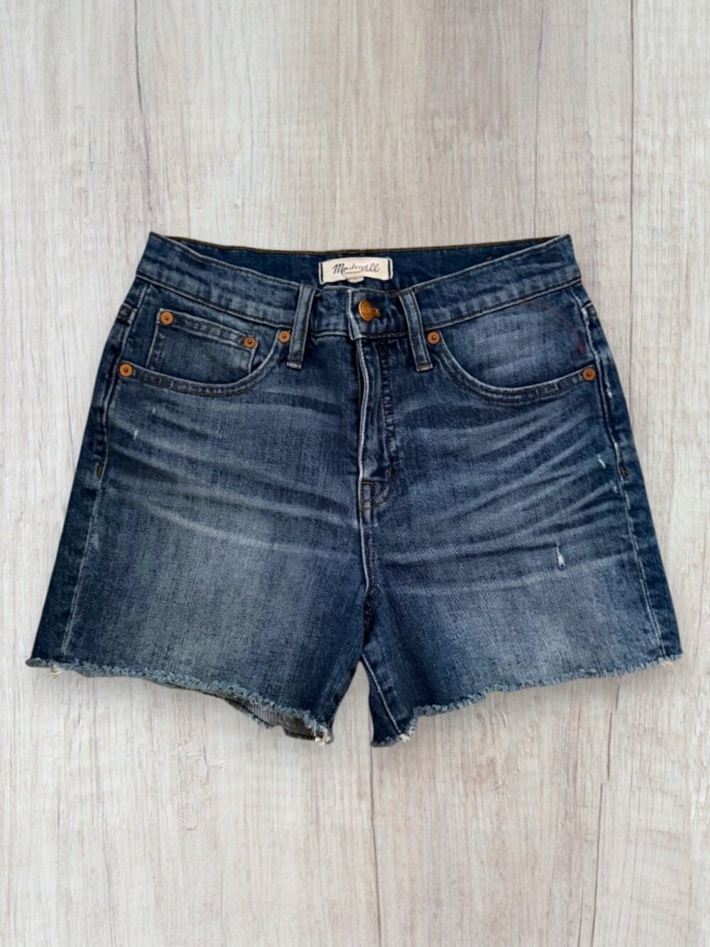 Madewell Blue Denim Raw Hem Distressed Shorts Mid Rise Stretch Frayed Hem 26 / 4